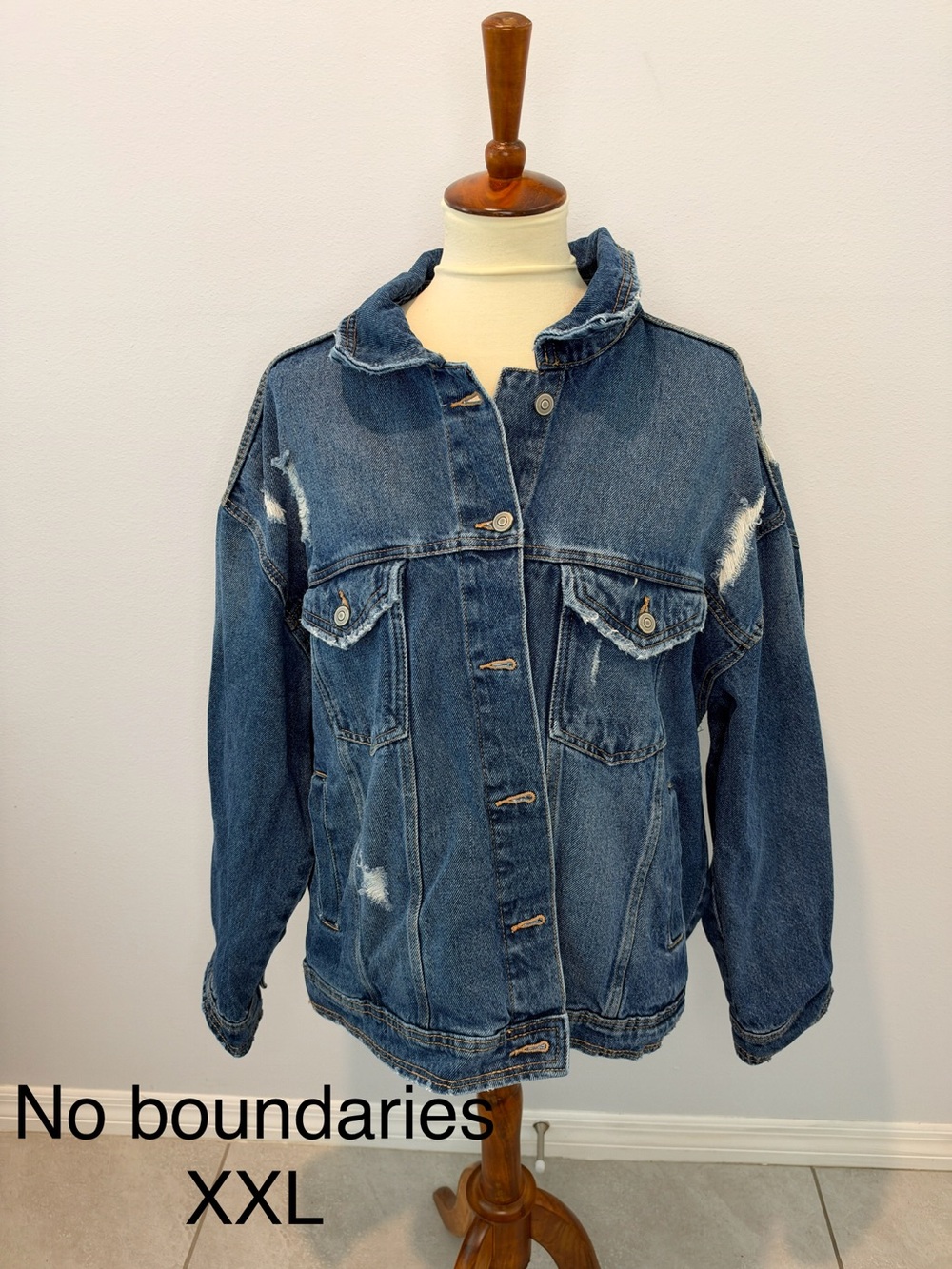 No Boundaries Women's Distressed Dark Blue Jean Jacket
